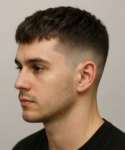 Modern men's haircut style with clean fade and textured front hairstyle
